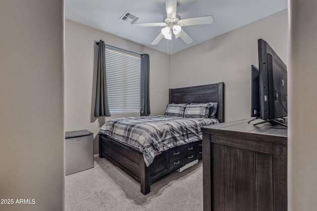21604 E Calle De Flores, Queen Creek, AZ 85142 - bedroom with a ceiling fan, light carpet, and visible vents