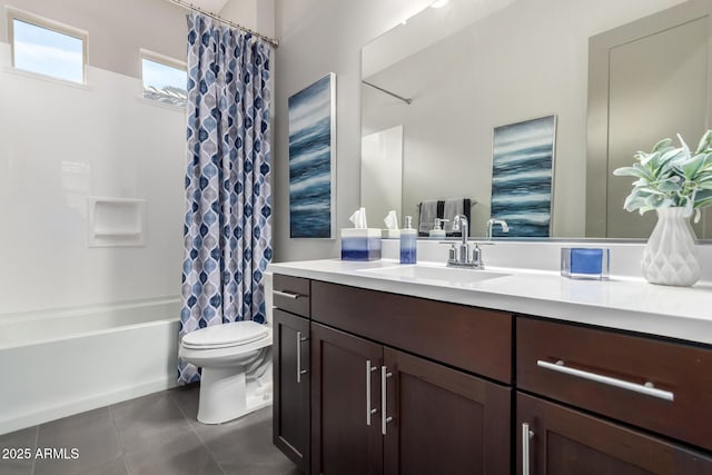 bathroom with toilet, shower / bath combo, tile patterned floors, and vanity