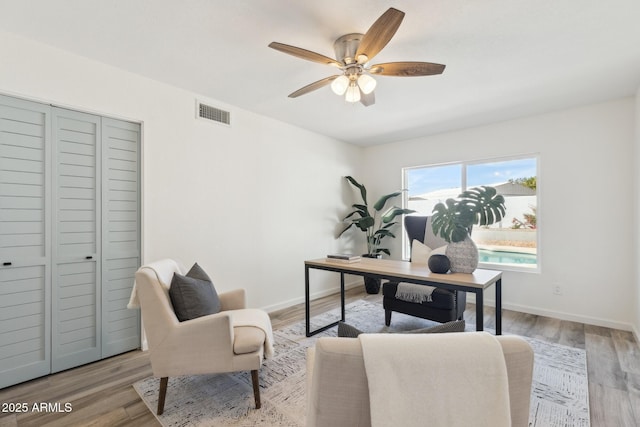 office area featuring ceiling fan and light hardwood / wood-style floors