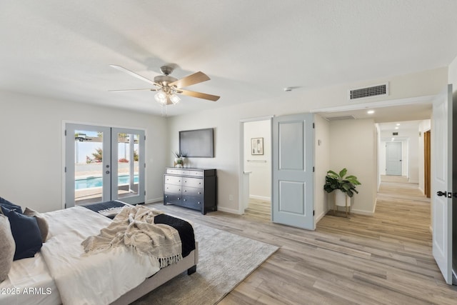 bedroom featuring access to exterior, french doors, ceiling fan, and light wood-type flooring