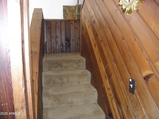 stairs featuring wood walls