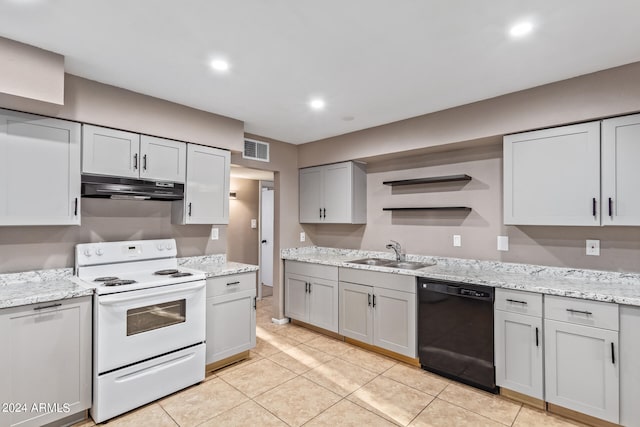 kitchen featuring light tile patterned floors, sink, white range with electric stovetop, and dishwasher