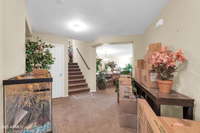 interior space with carpet and stairs