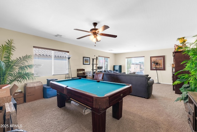 rec room featuring visible vents, light colored carpet, billiards, and a ceiling fan