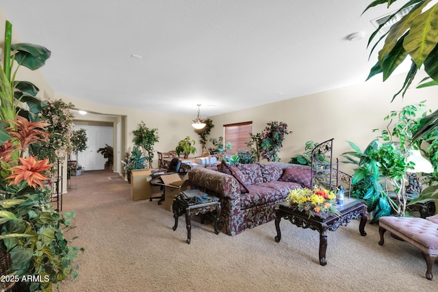 living room featuring light carpet