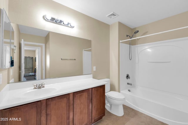 full bath featuring vanity, washtub / shower combination, visible vents, tile patterned flooring, and toilet