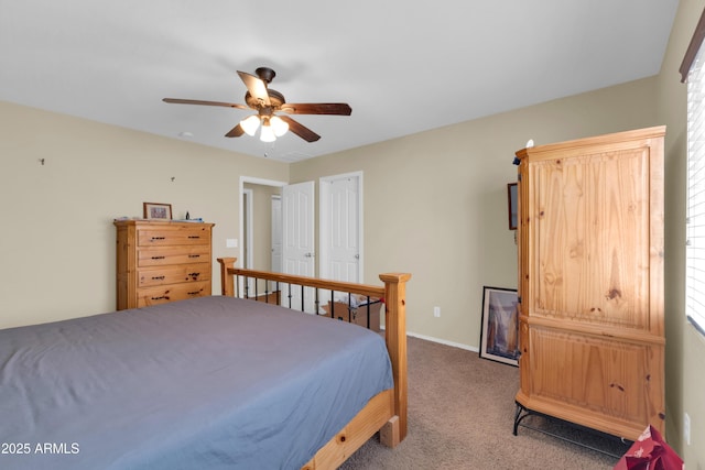 bedroom featuring carpet flooring, a ceiling fan, and baseboards