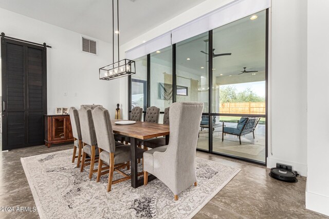 23008 E Galveston St, Mesa, AZ 85212 - dining area featuring ceiling fan with notable chandelier, visible vents, and a barn door