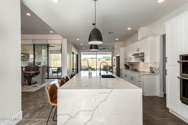 23008 E Galveston St, Mesa, AZ 85212 - kitchen with white cabinetry, under cabinet range hood, decorative backsplash, a sink, and appliances with stainless steel finishes