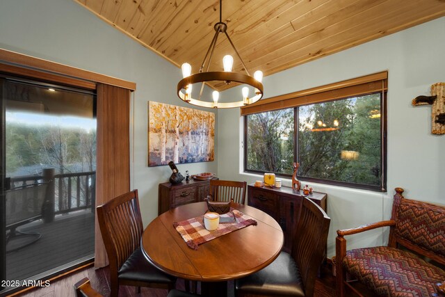 dining area featuring lofted ceiling, an inviting chandelier, and wooden ceiling