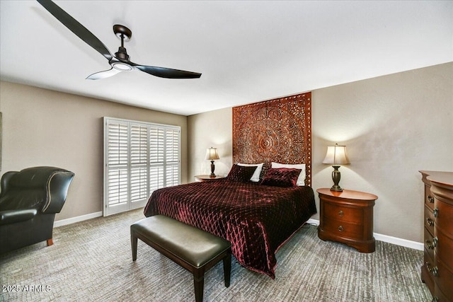carpeted bedroom with baseboards and ceiling fan