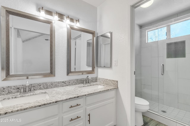 full bath featuring double vanity, a sink, toilet, and a shower stall