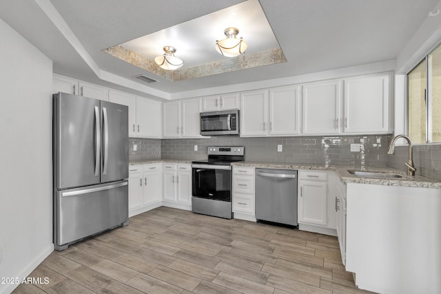 kitchen with stainless steel appliances, a sink, visible vents, a tray ceiling, and tasteful backsplash