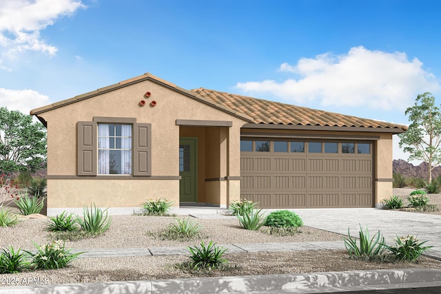 24223 W Illini St, Buckeye, AZ 85326 - view of front of house featuring stucco siding, driveway, an attached garage, and a tile roof