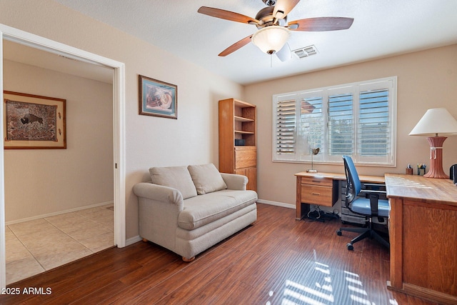 home office with ceiling fan and dark wood-type flooring