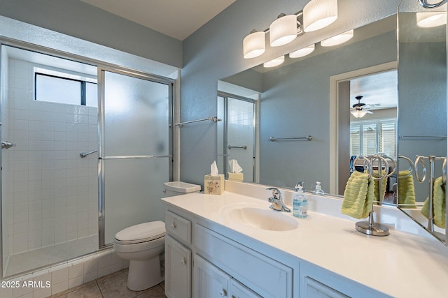 bathroom with vanity, tile patterned flooring, ceiling fan, toilet, and walk in shower