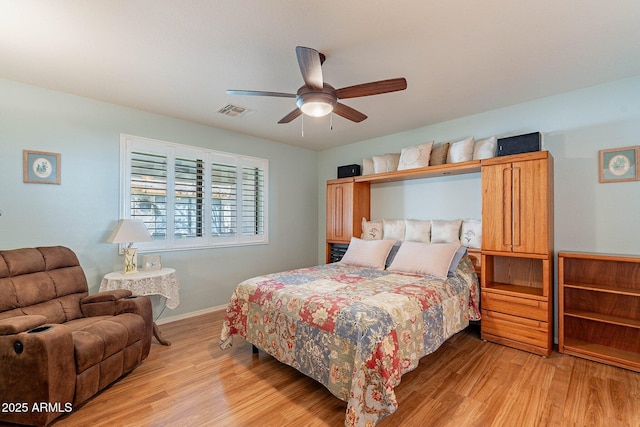 bedroom with ceiling fan and light wood-type flooring