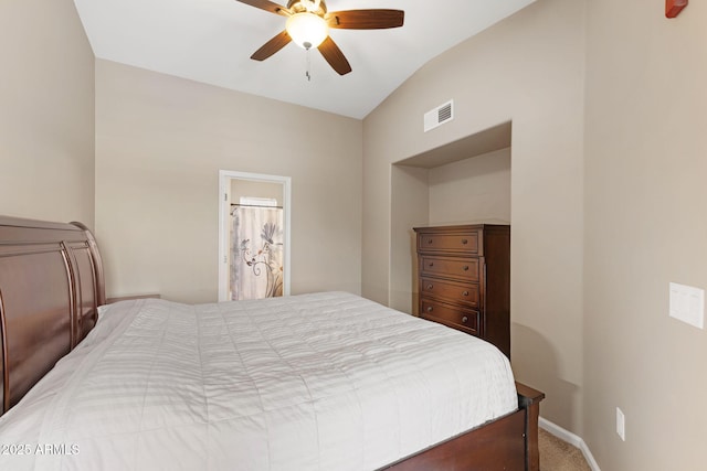 bedroom featuring ceiling fan and carpet