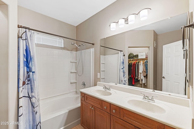 bathroom with vanity and shower / bathtub combination with curtain