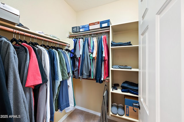 walk in closet with carpet flooring