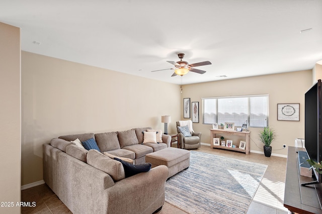 living area with ceiling fan, visible vents, and baseboards