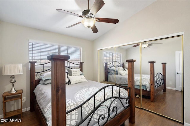 bedroom featuring ceiling fan, lofted ceiling, and a closet