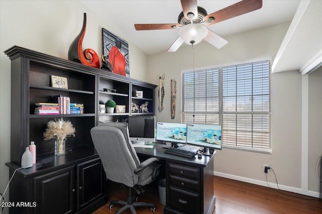 office area with dark hardwood / wood-style floors and ceiling fan