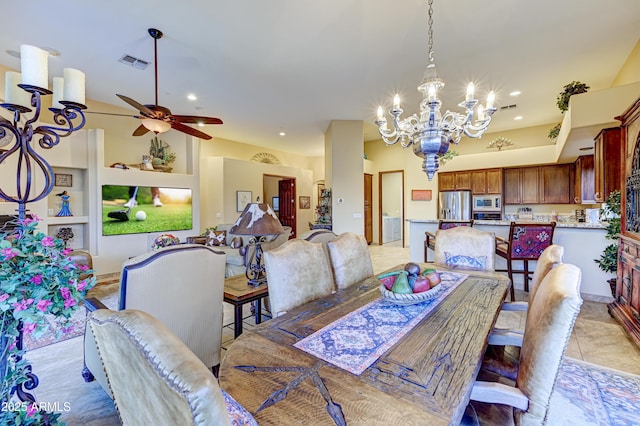 dining room with light tile patterned floors, ceiling fan with notable chandelier, visible vents, and recessed lighting