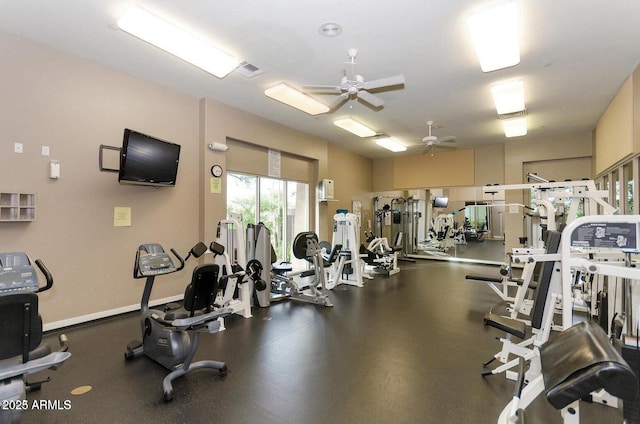 workout area with baseboards, visible vents, and a ceiling fan