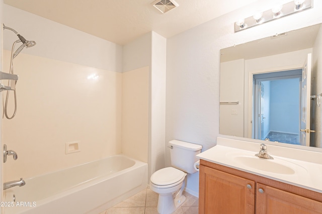 full bath with bathing tub / shower combination, visible vents, toilet, vanity, and tile patterned flooring