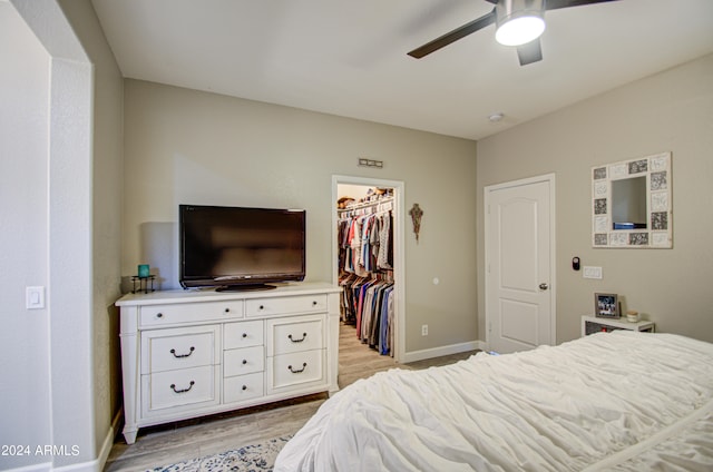 bedroom with light hardwood / wood-style flooring, a walk in closet, ceiling fan, and a closet