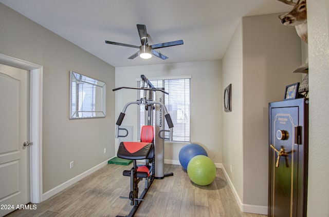 exercise room featuring ceiling fan and light hardwood / wood-style floors