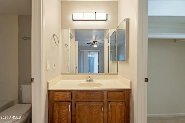 bathroom with tile patterned flooring, ceiling fan, toilet, and vanity