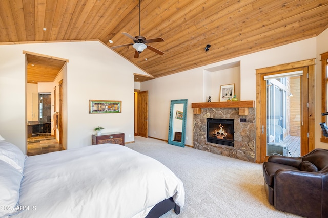 bedroom featuring baseboards, high vaulted ceiling, a fireplace, wood ceiling, and light carpet