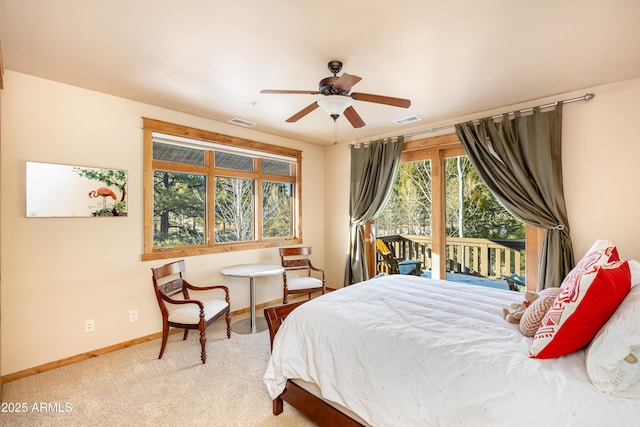 bedroom with visible vents, baseboards, carpet flooring, and access to outside