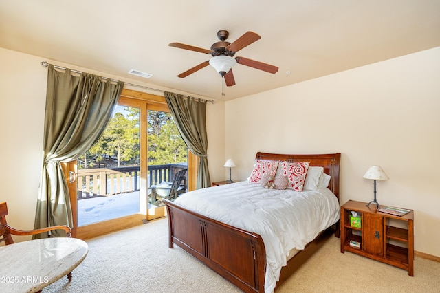 bedroom featuring visible vents, baseboards, ceiling fan, light colored carpet, and access to outside