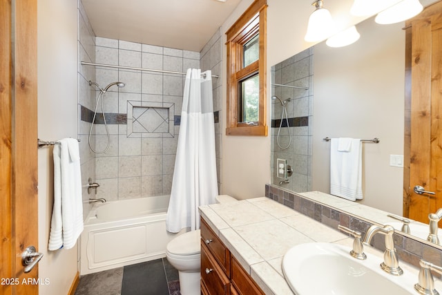 full bathroom featuring vanity, toilet, shower / bathtub combination with curtain, and tile patterned flooring