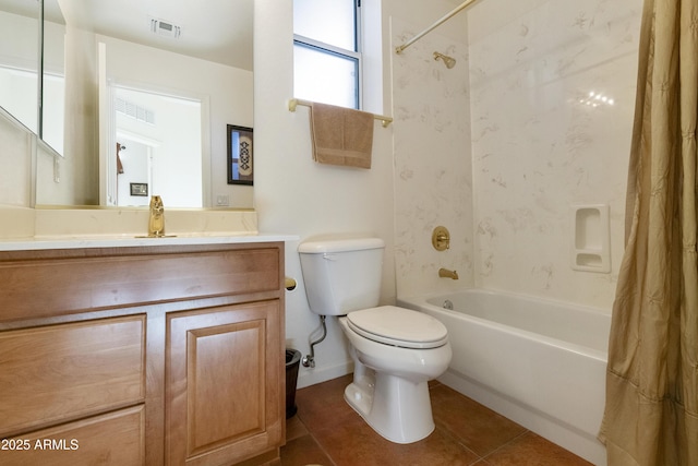 full bathroom with toilet, vanity, tile patterned floors, and shower / bath combo with shower curtain