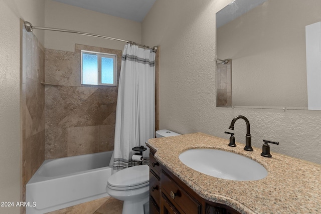 full bathroom with vanity, tile patterned flooring, toilet, and shower / tub combo