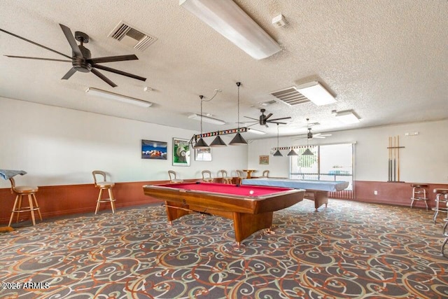 9243 W Kimberly Way, Peoria, AZ 85382 - rec room with ceiling fan, a textured ceiling, visible vents, pool table, and a wainscoted wall