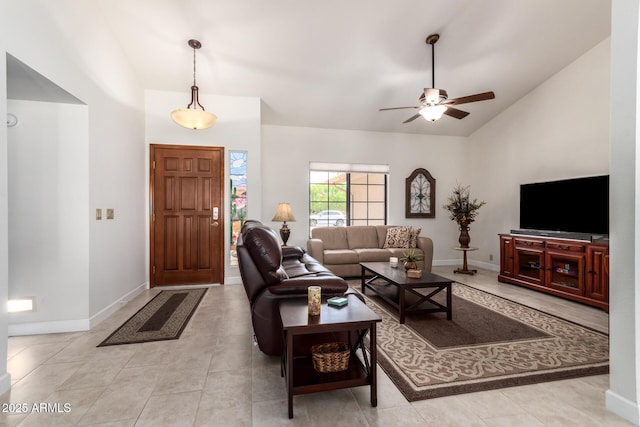 9243 W Kimberly Way, Peoria, AZ 85382 - tiled living room featuring baseboards, a ceiling fan, and high vaulted ceiling