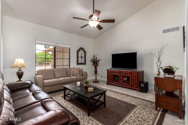 9243 W Kimberly Way, Peoria, AZ 85382 - living area with baseboards, a ceiling fan, lofted ceiling, and visible vents
