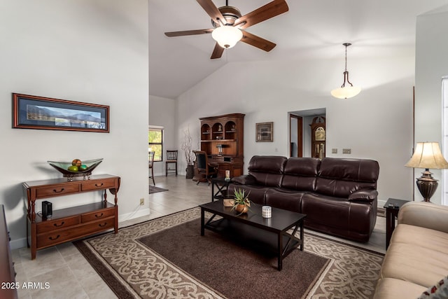 9243 W Kimberly Way, Peoria, AZ 85382 - living area featuring a ceiling fan, high vaulted ceiling, and baseboards