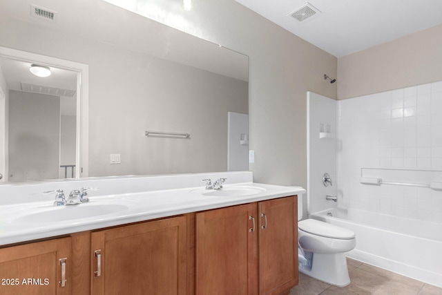 full bathroom with tile patterned flooring, vanity, shower / bathtub combination, and toilet