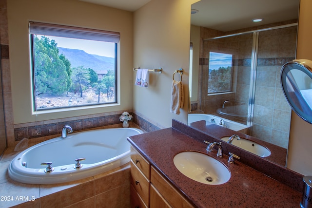 bathroom featuring a mountain view, vanity, and independent shower and bath