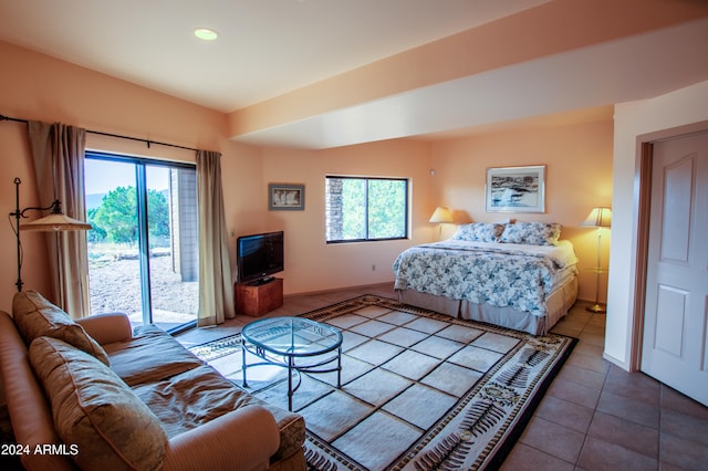 tiled bedroom with access to outside and multiple windows