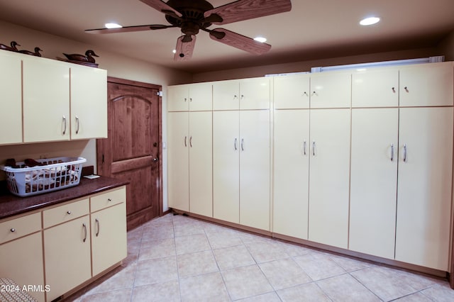 6641 W Wolfpaw Ln, Pine, AZ 85544 - kitchen with recessed lighting, a ceiling fan, light tile patterned flooring, and white cabinetry