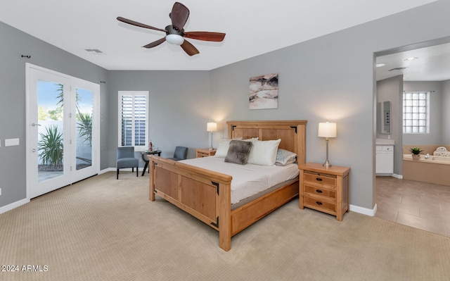 carpeted bedroom featuring ceiling fan and access to exterior