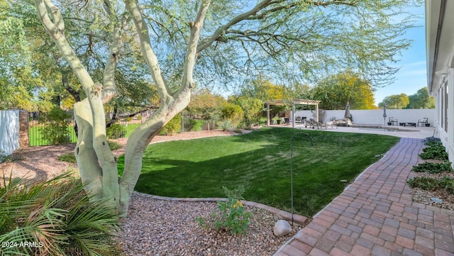 view of yard with a patio and a pergola