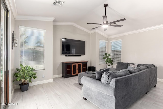 living area featuring baseboards, a ceiling fan, lofted ceiling, and visible vents